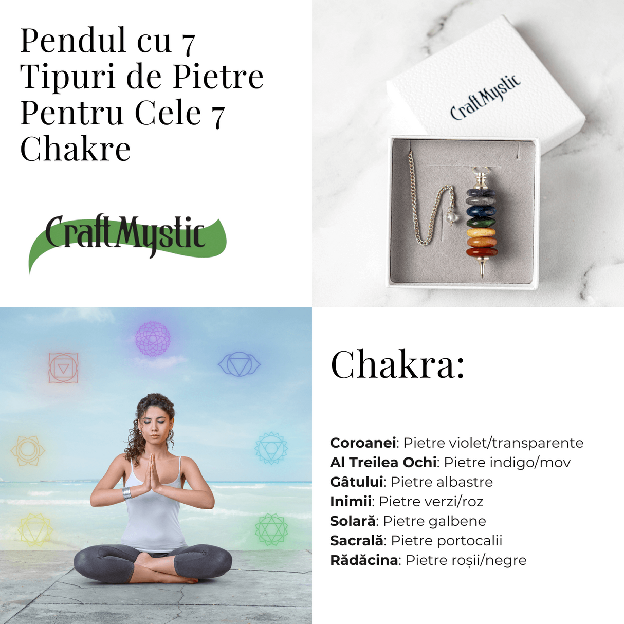 Pendul cu 7 Inele si Pietre Naturale – Echilibru si Vindecare Chakre