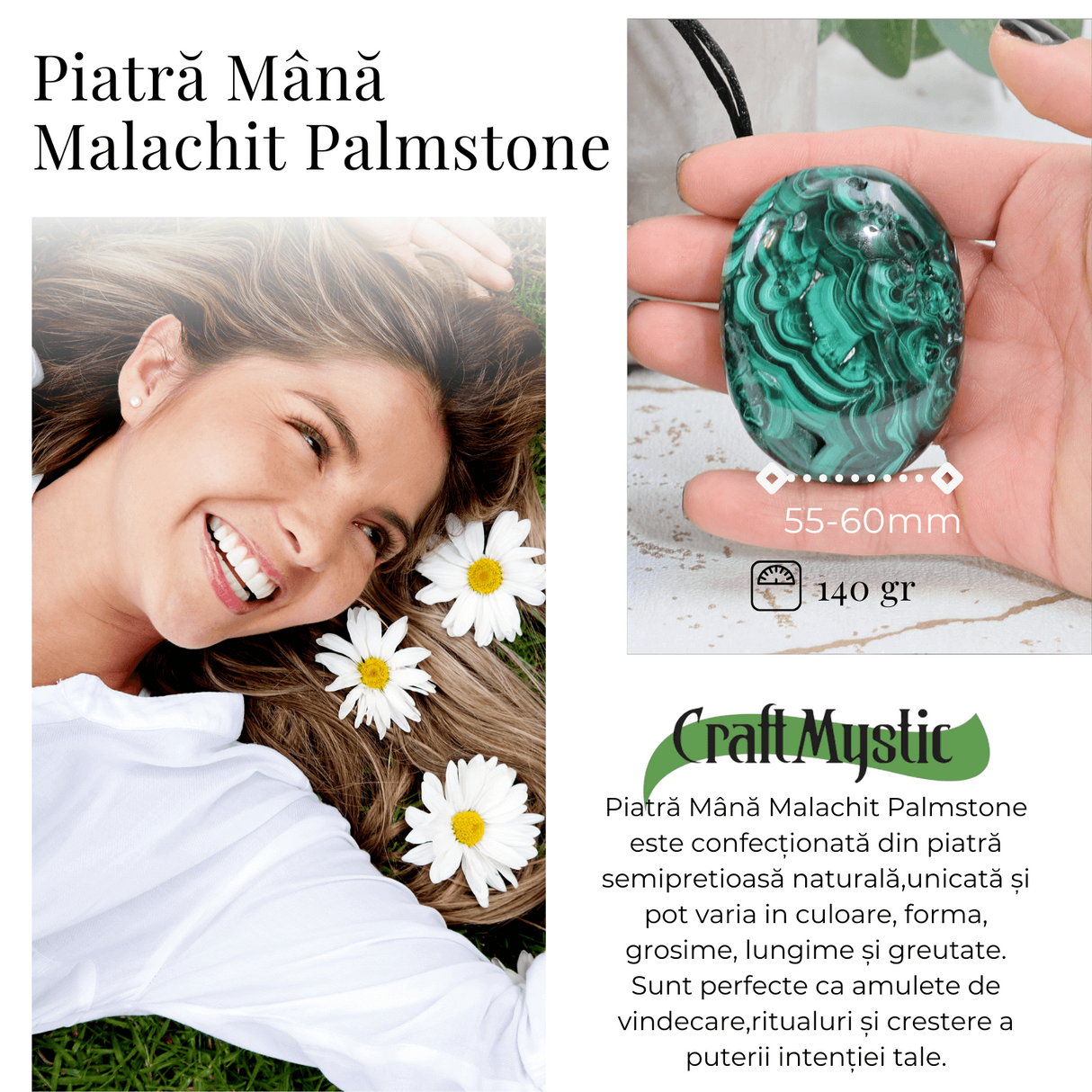 Piatra Ovala sculptata manual din Malachit natural 55-60mm aprox 140 grame
