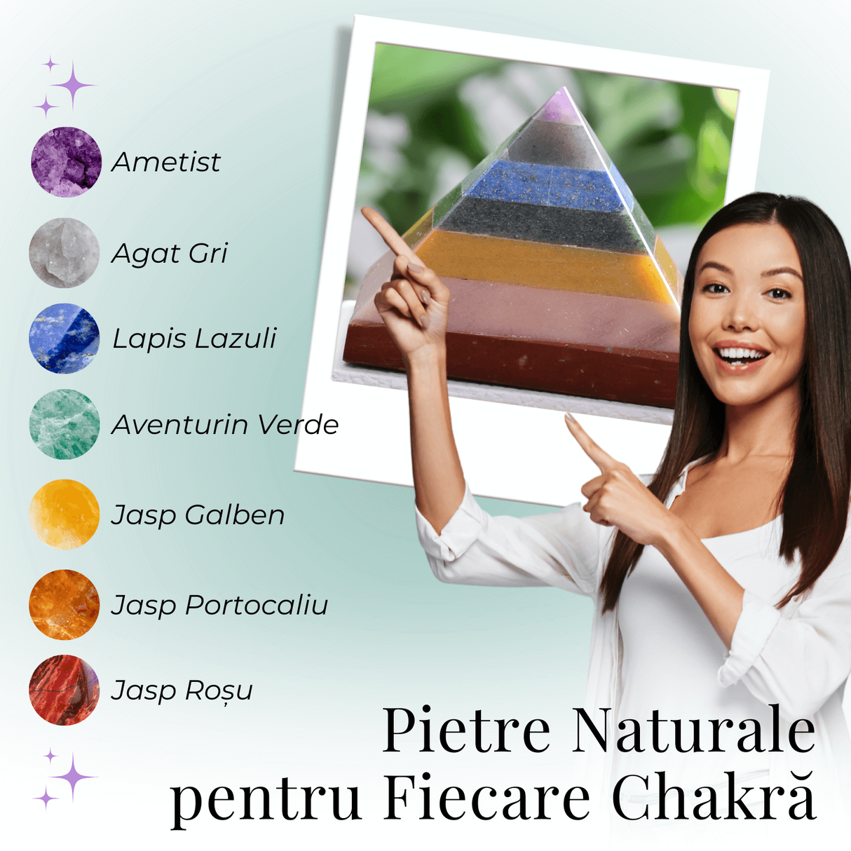 Piramida 80mm din Pietre Naturale Semipretioase pentru Cele 7 Chakre