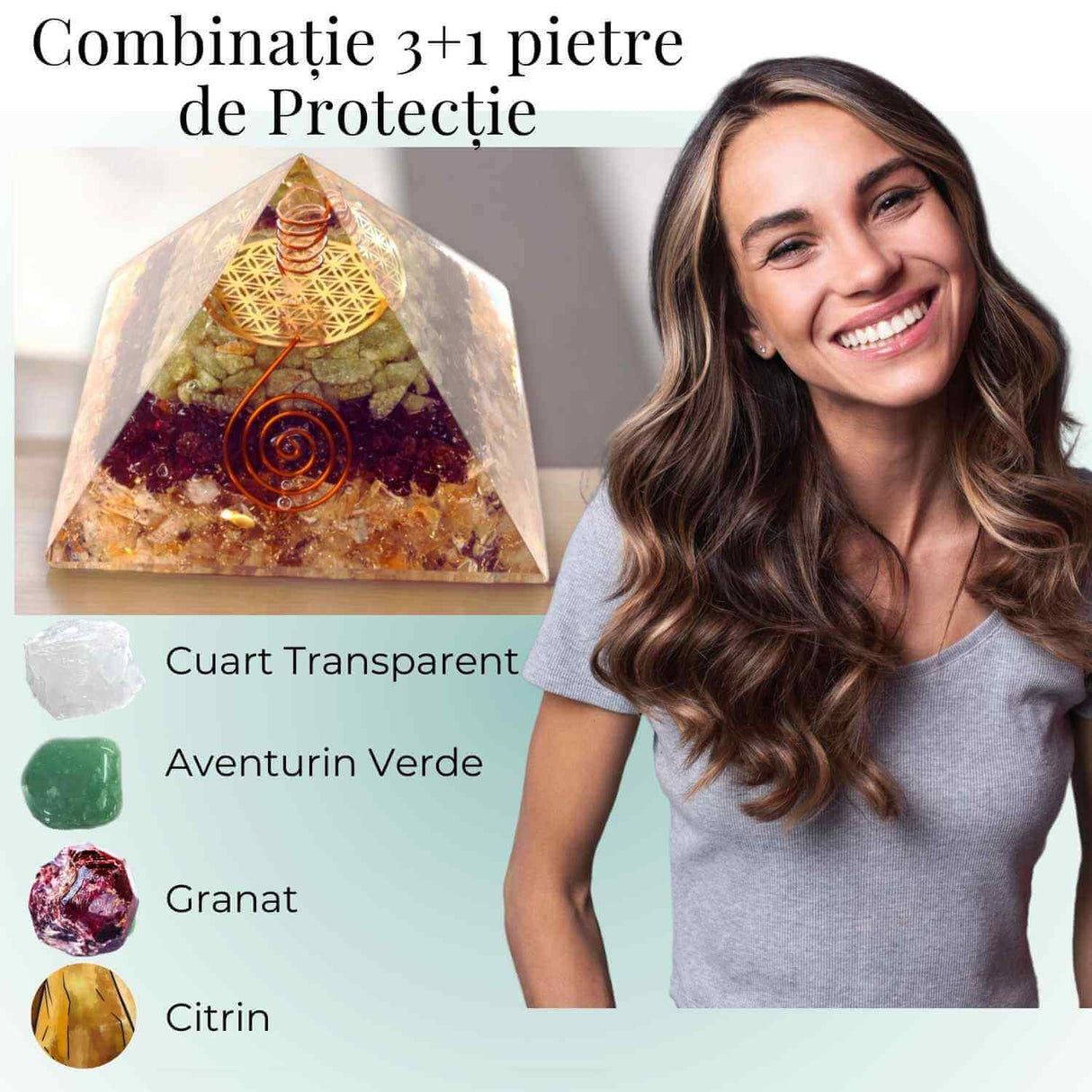 Piramida de 6 cm cu Pietre de Cuart Transparent, Citrin, Granat si Aventurin Verde - Prosperitate si Echilibru.