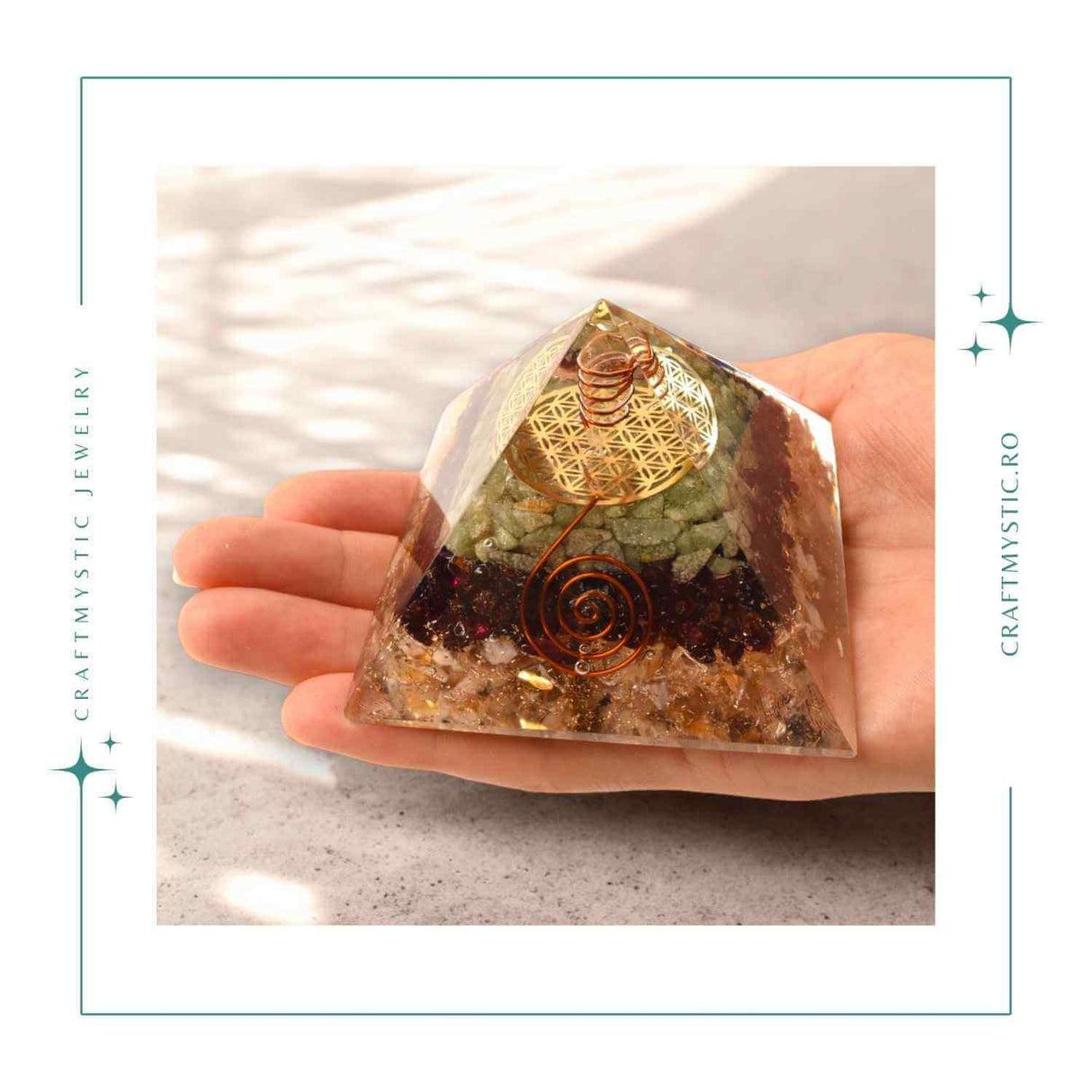Piramida de 6 cm cu Pietre de Cuart Transparent, Citrin, Granat si Aventurin Verde - Prosperitate si Echilibru.