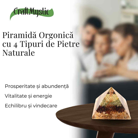 Piramida de 6 cm cu Pietre de Cuart Transparent, Citrin, Granat si Aventurin Verde - Prosperitate si Echilibru.