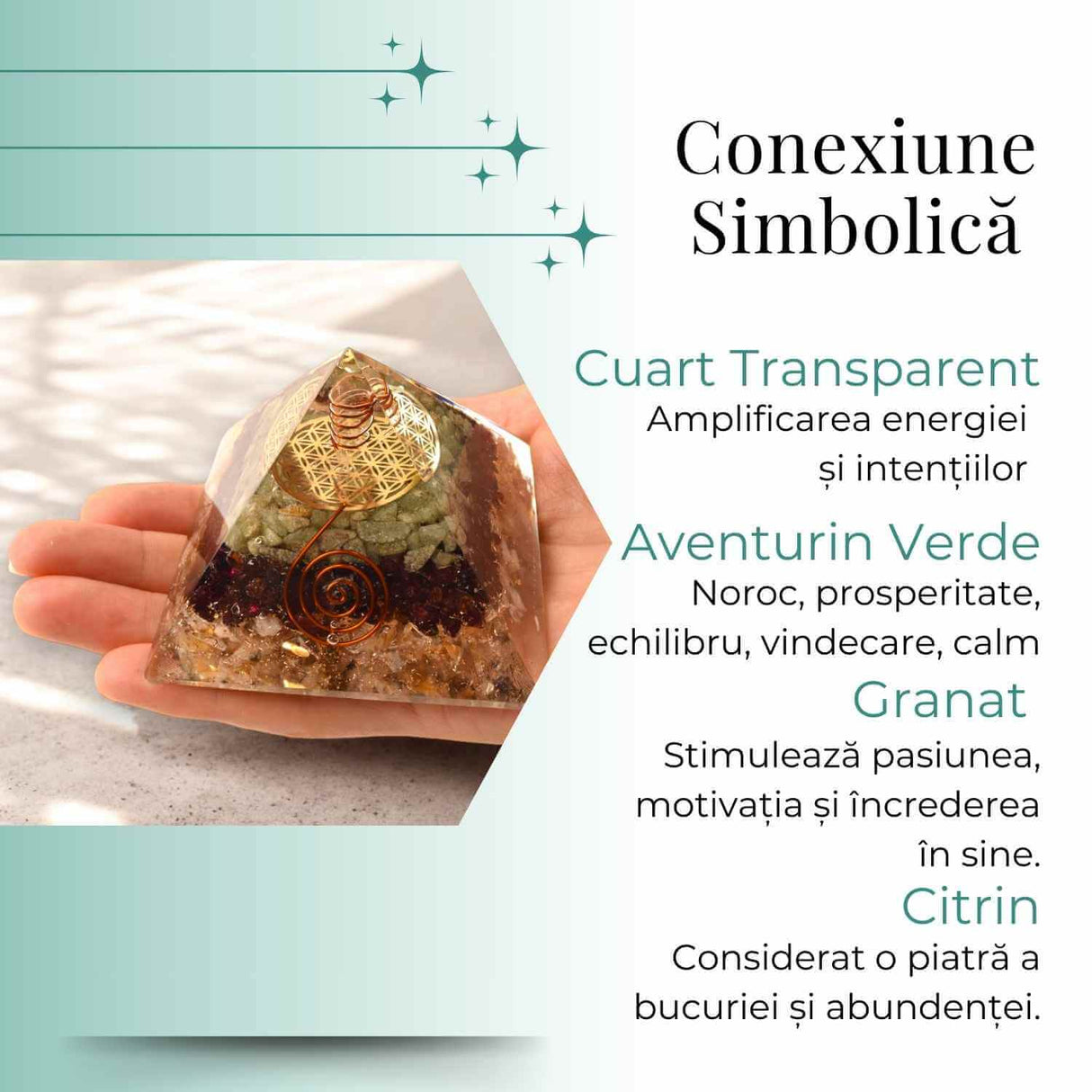 Piramida de 6 cm cu Pietre de Cuart Transparent, Citrin, Granat si Aventurin Verde - Prosperitate si Echilibru.
