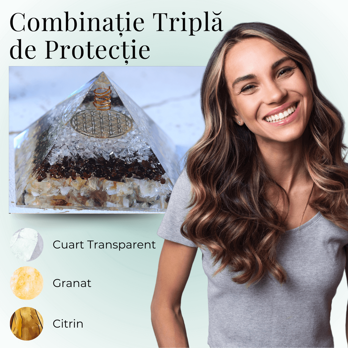 Piramida orgonica cu 3 tipuri de pietre naturale - Armonie si Energie