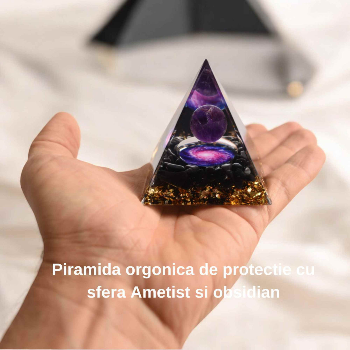 Piramida Orgonica 6 cm cu Ametist si Obsidian - Protectie si Echilibru Energetic