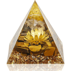 Piramida Orgonica cu cristale vindecatoare Ochi de Tigru, floare de lotus si sfera din cristal transparent 8 cm  – Promoveaza bogatia, prosperitatea si atrage succesul