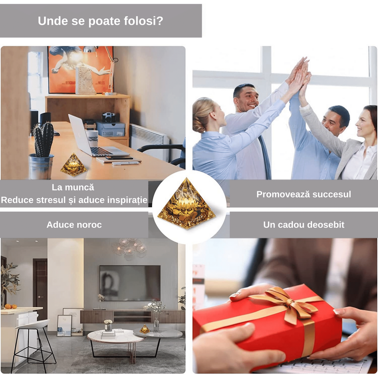 Piramida Orgonica cu cristale vindecatoare Ochi de Tigru, floare de lotus si sfera din cristal transparent 8 cm  – Promoveaza bogatia, prosperitatea si atrage succesul