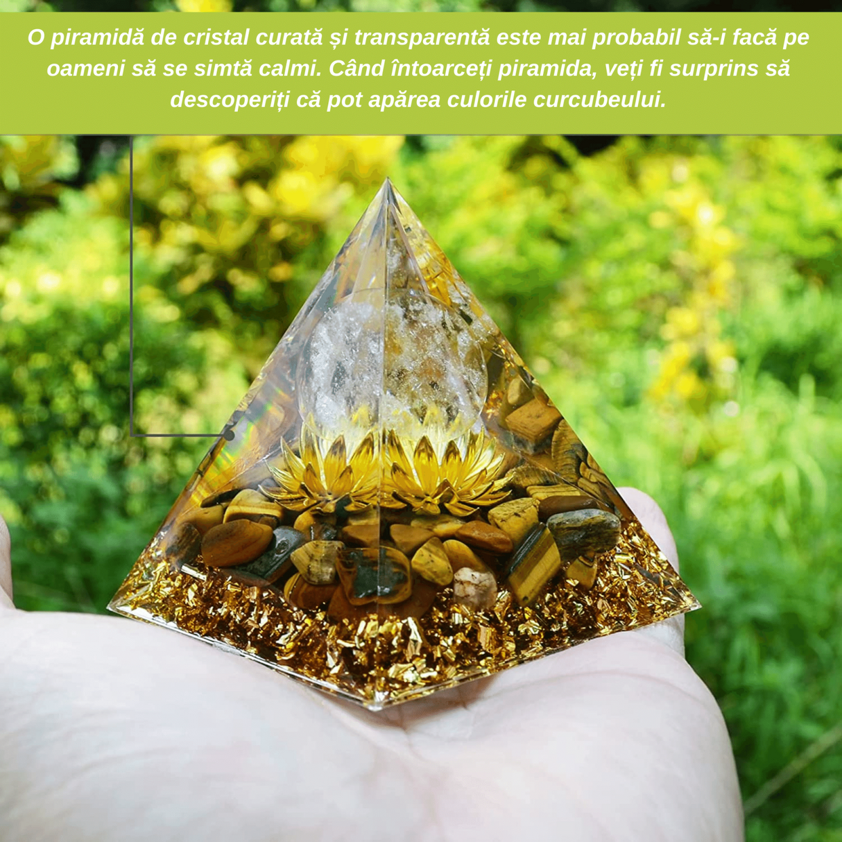 Piramida Orgonica cu cristale vindecatoare Ochi de Tigru, floare de lotus si sfera din cristal transparent 8 cm  – Promoveaza bogatia, prosperitatea si atrage succesul