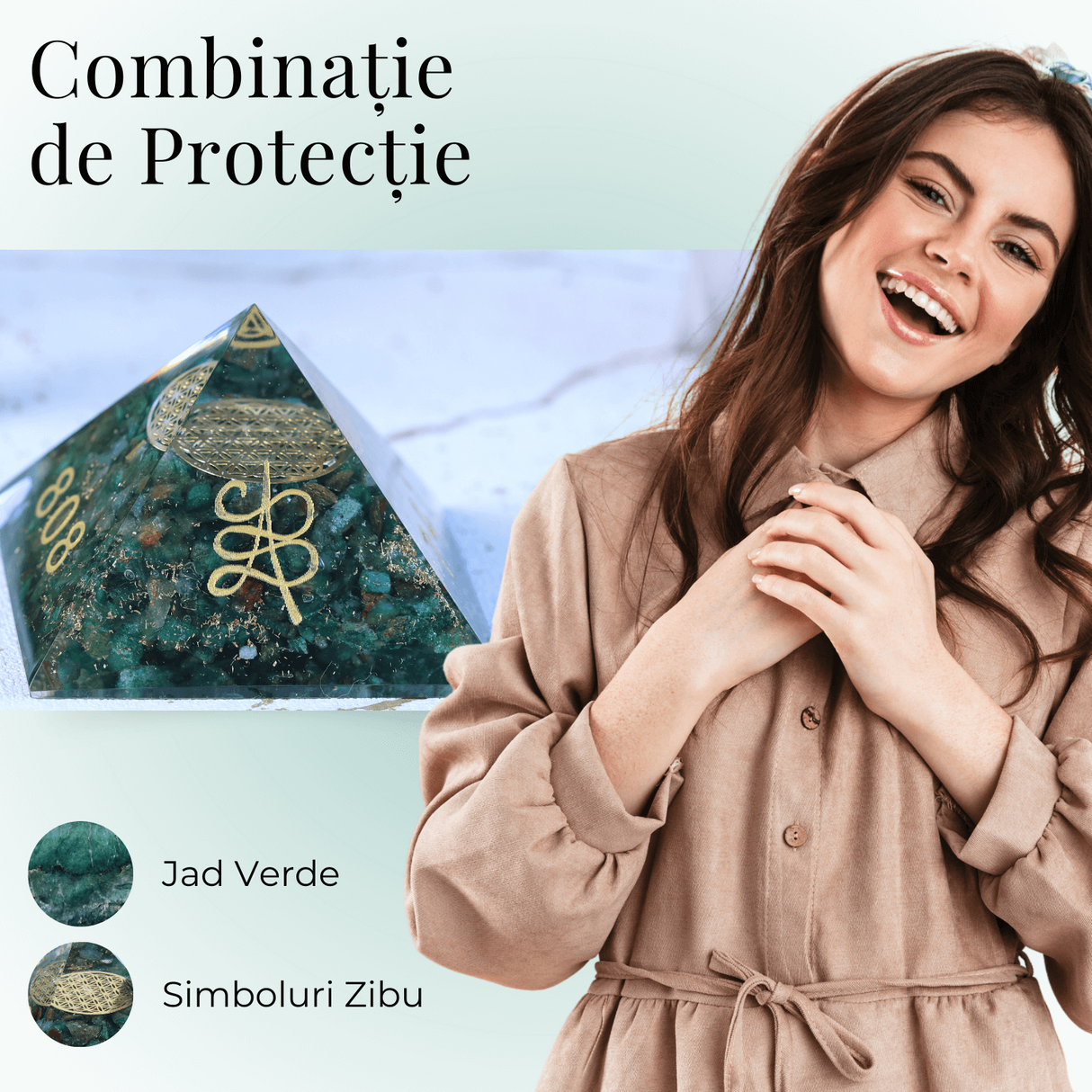 Piramida orgonica cu simboluri Zibu cu Jad verde - Prosperitate