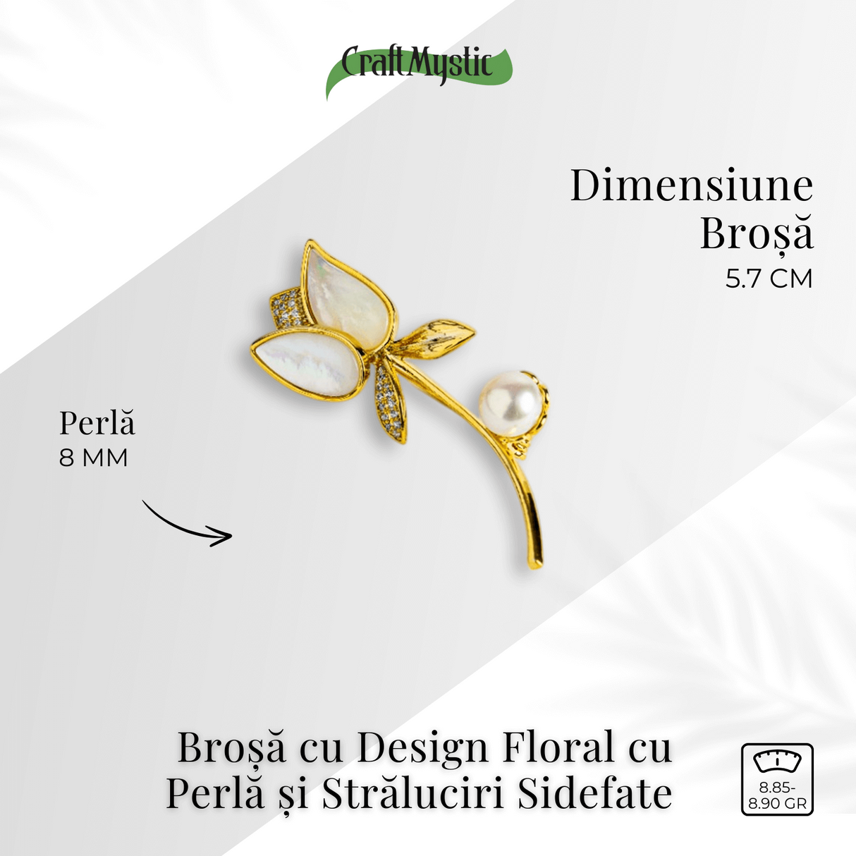 Raza de lumina – Brosa cu design floral cu perla si straluciri sidefate