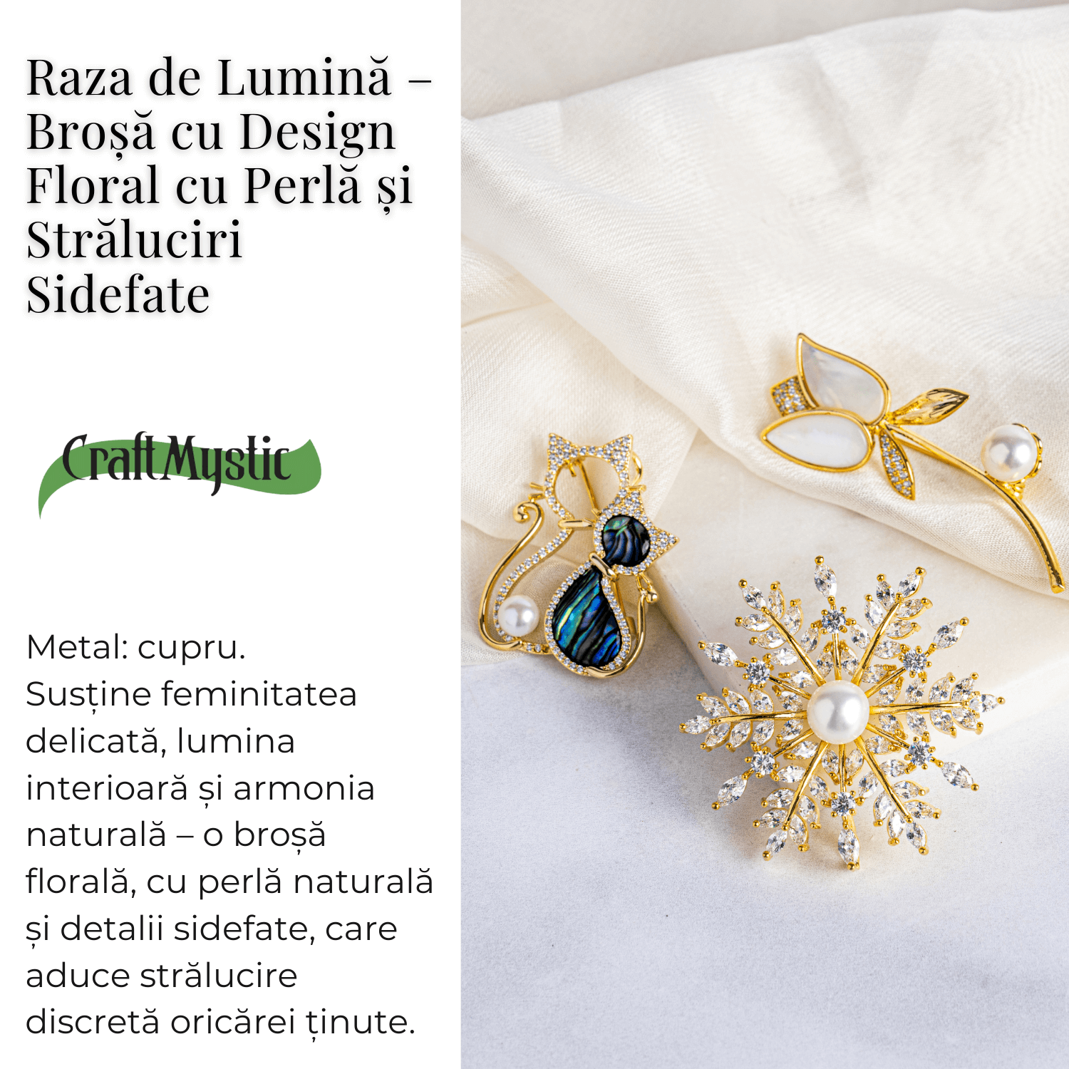 Raza de lumina – Brosa cu design floral cu perla si straluciri sidefate