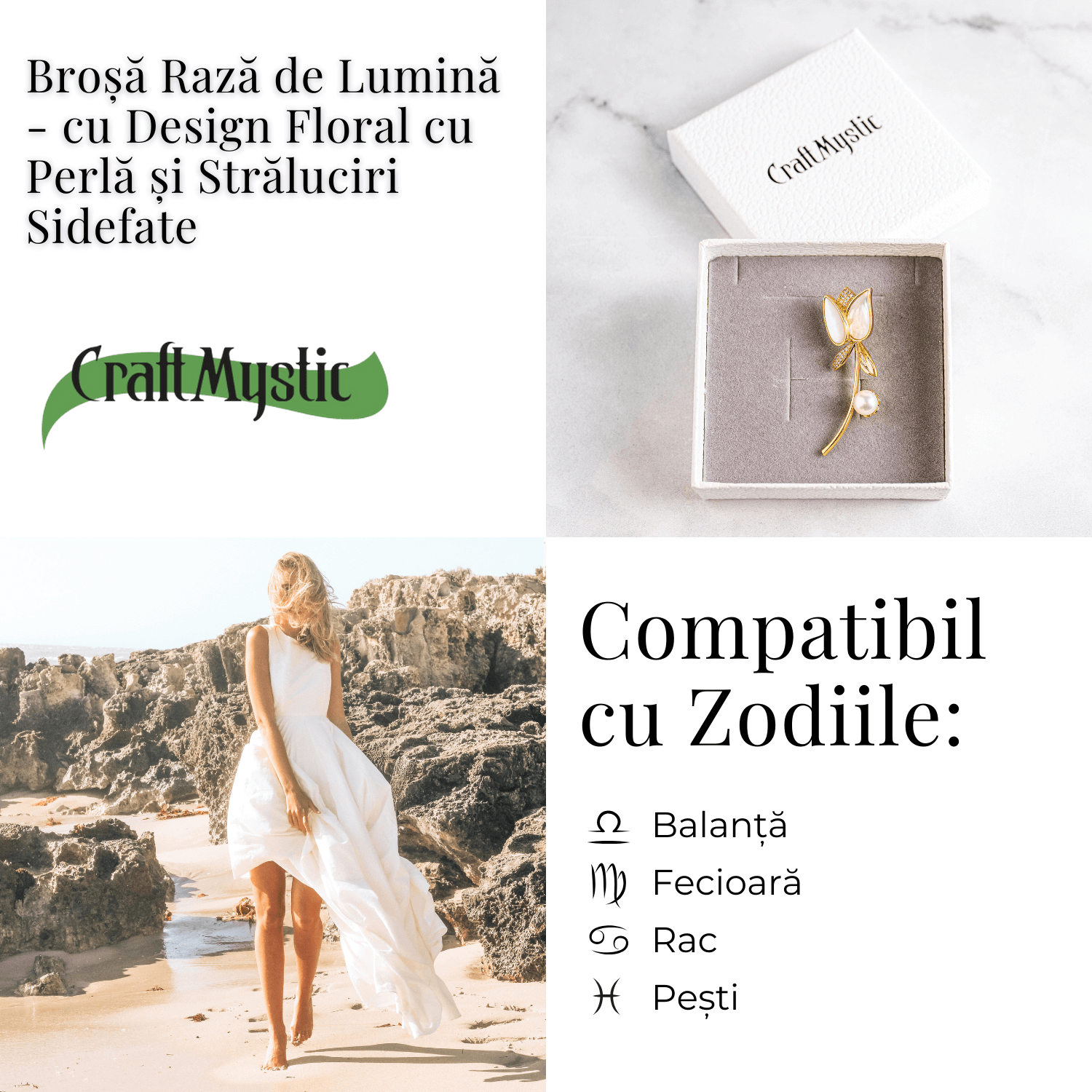 Raza de lumina – Brosa cu design floral cu perla si straluciri sidefate