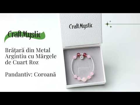 Bratara Metalica cu Margele din Cuart Roz si Pandantiv in Forma de Coroana