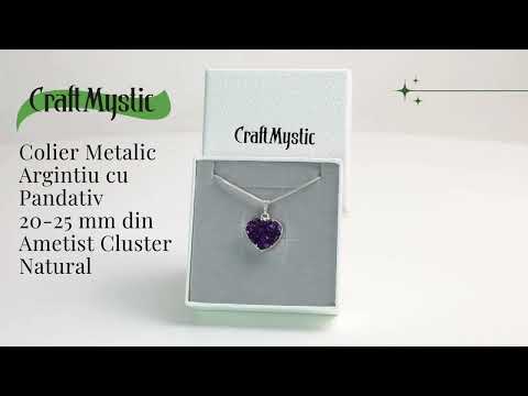 Colier Delicat cu Lant Argintiu si Pandantiv din Ametist Druzy Natural in Forma de Inima, 20-25mm