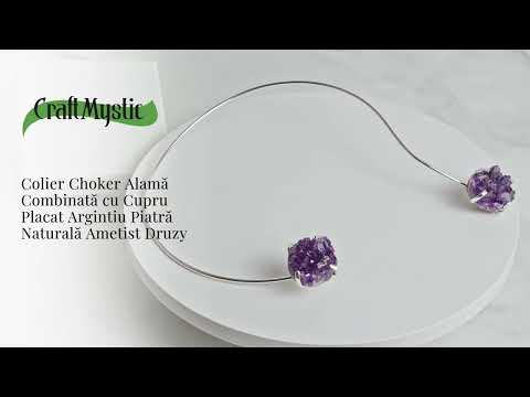 Colier Choker Argintiu cu Piatra Naturala Ametist Druzy - Protecte si Energie Positiva