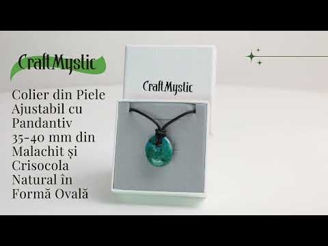 Colier Ajustabil din Piele cu Pandantiv din Malachit si Crisocola Naturala, Forma Ovala, 35-40mm