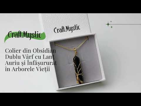 Colier cu Cristal Obsdian si infasurat cu sarma forma Arborele Vietii - Bijuterie Spirituala pentru Femei si Barbati