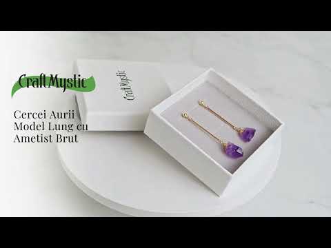 Cercei Aurii Lungii cu Ametist Brut Natural – Eleganta si Protectie Spirituala