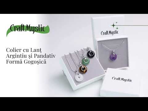 Colier cu Lant Argintiu si Pandantiv Obsidian in Forma de Gogosica, Lungime Totala 50 cm, Diametru Pandantiv 20 mm