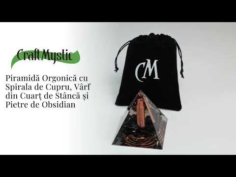 Piramida Orgonica Obsidian cu Varf de Cuart de Stanca si Spirala de Cupru - Protectie