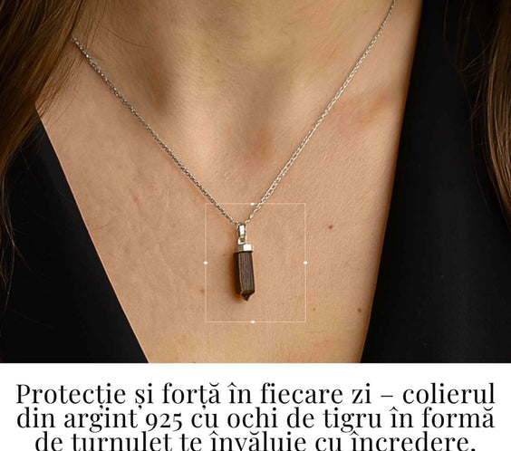 Putere si Protectie Zilnica – Colier Turnulet din Argint 925 cu Ochi de Tigru