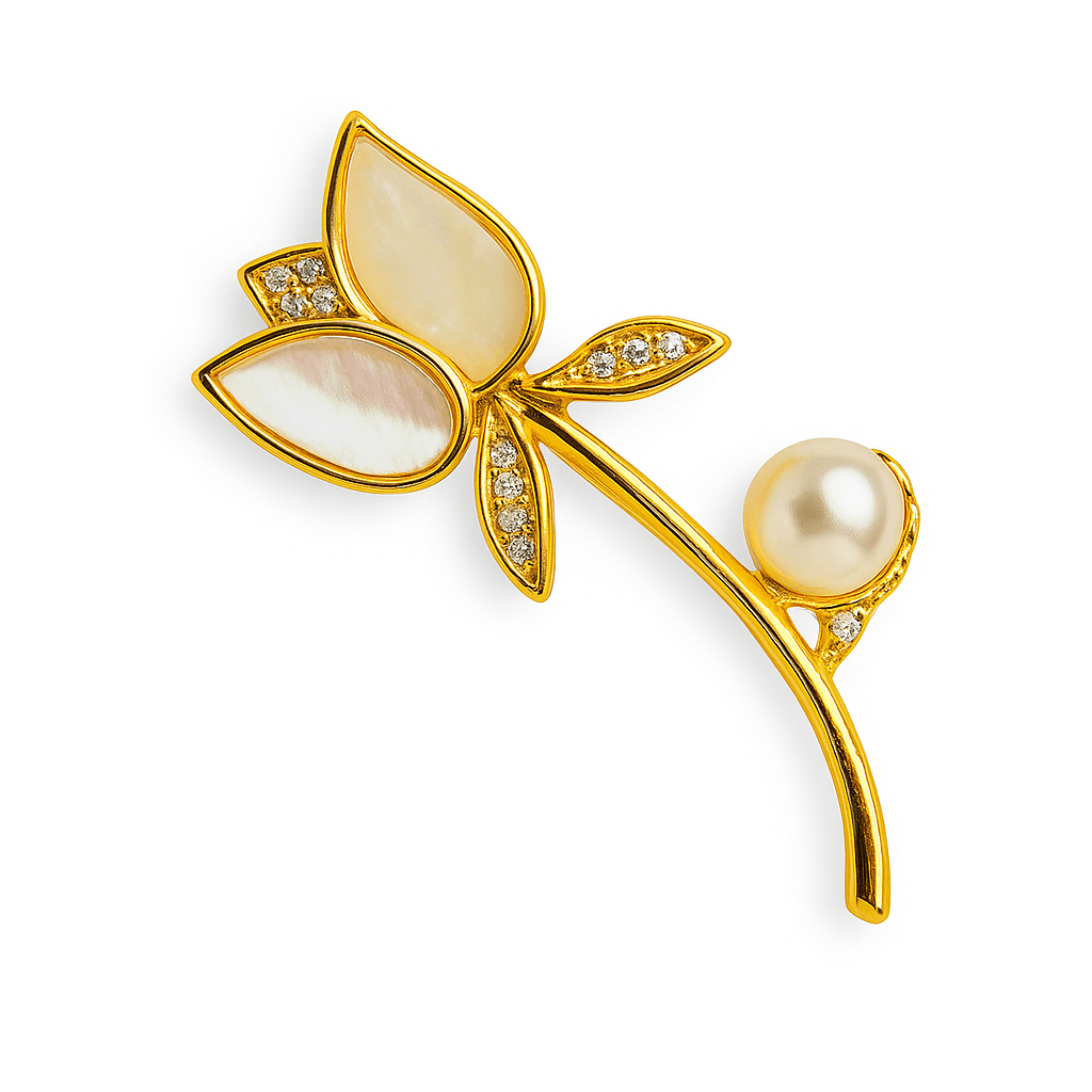Raza de lumina – Brosa cu design floral cu perla si straluciri sidefate