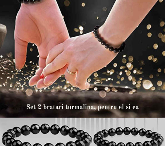 Set 2 bratari din turmalina neagra cu margele de 6 si 8 mm Aduce noroc, pace si dragoste, cadou Feng Shui pentru prieteni, familie