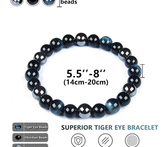 Set 3 Bratari cu Tripla Protectie, Bratara cu Margele de Cristal Vindecator de 8 mm, Bratara din Obsidian Hematit Ochi de Tigru Albastru Rosu pentru Femei si Barbati