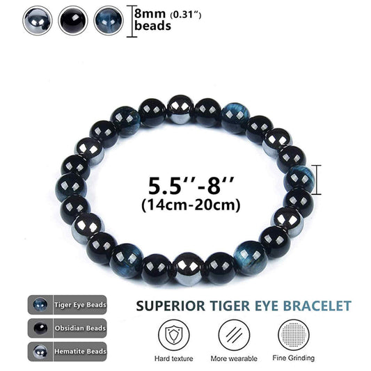 Set 3 Bratari cu Tripla Protectie, Bratara cu Margele de Cristal Vindecator de 8 mm, Bratara din Obsidian Hematit Ochi de Tigru Albastru Rosu pentru Femei si Barbati