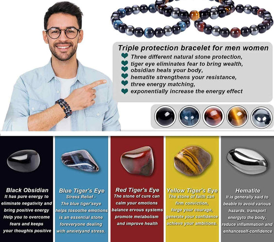 Set 3 Bratari cu Tripla Protectie, Bratara cu Margele de Cristal Vindecator de 8 mm, Bratara din Obsidian Hematit Ochi de Tigru Albastru Rosu pentru Femei si Barbati