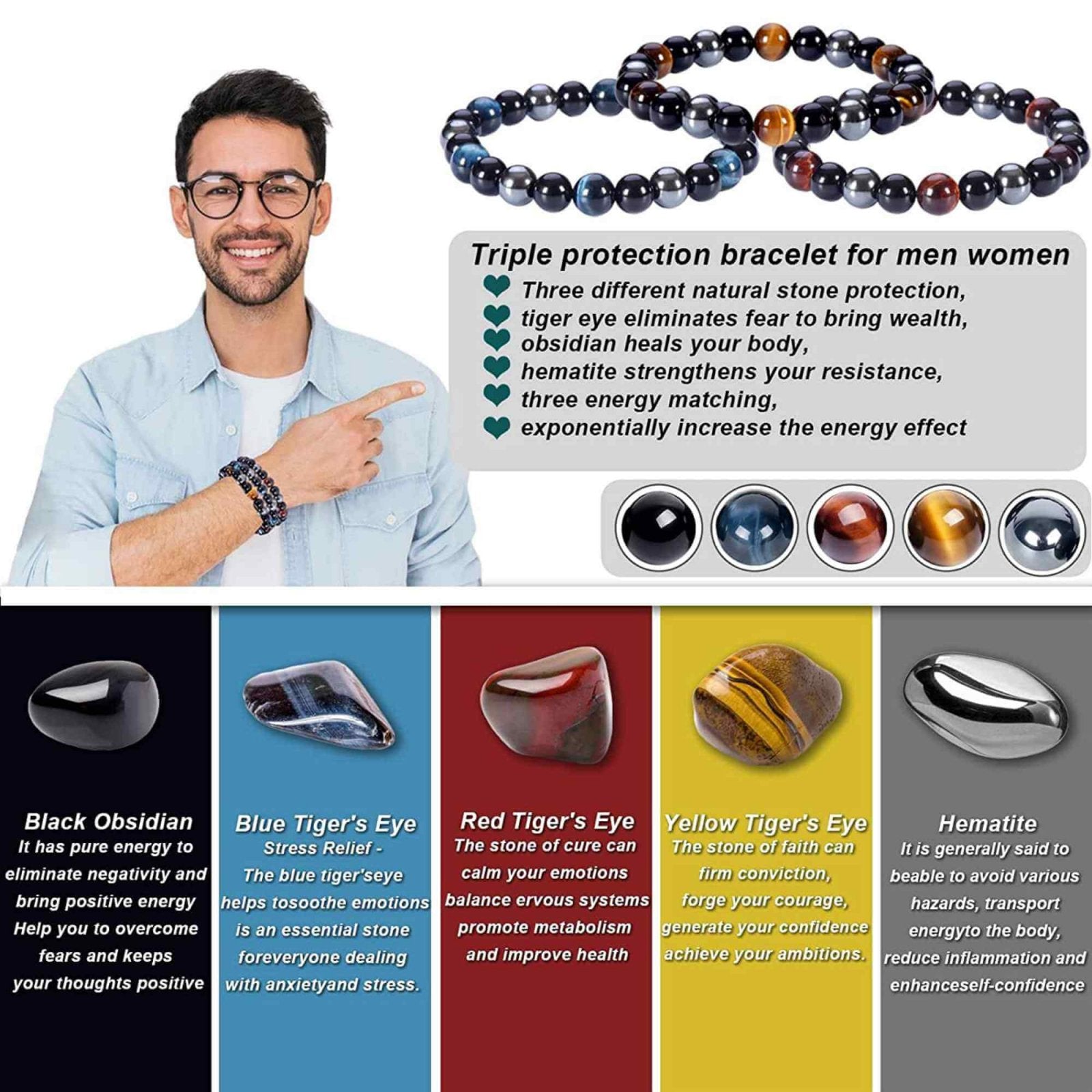 Set 3 Bratari cu Tripla Protectie, Bratara cu Margele de Cristal Vindecator de 8 mm, Bratara din Obsidian Hematit Ochi de Tigru Albastru Rosu pentru Femei si Barbati