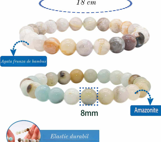 Set 2 bratari elastice cu margele pietre semipretioase de 8 mm din frunza agata de bambus si amazonit