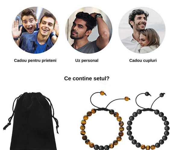 Set 2 bratari reglabile din piatra naturala ochi de tigru si piatra de lava neagra 8mm - Bratara vindecatoare, aromaterapie, difuzor de uleiuri esentiale