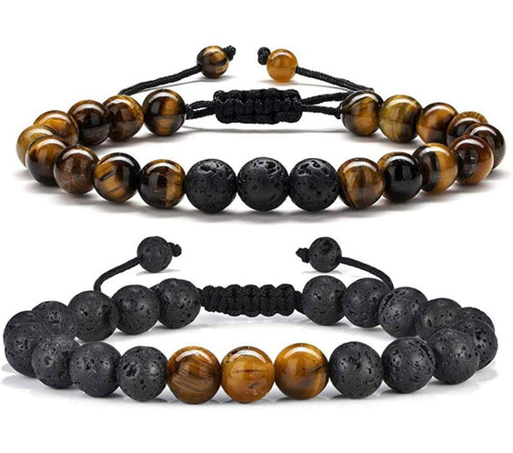 Set 2 bratari reglabile din piatra naturala ochi de tigru si piatra de lava neagra 8mm - Bratara vindecatoare, aromaterapie, difuzor de uleiuri esentiale