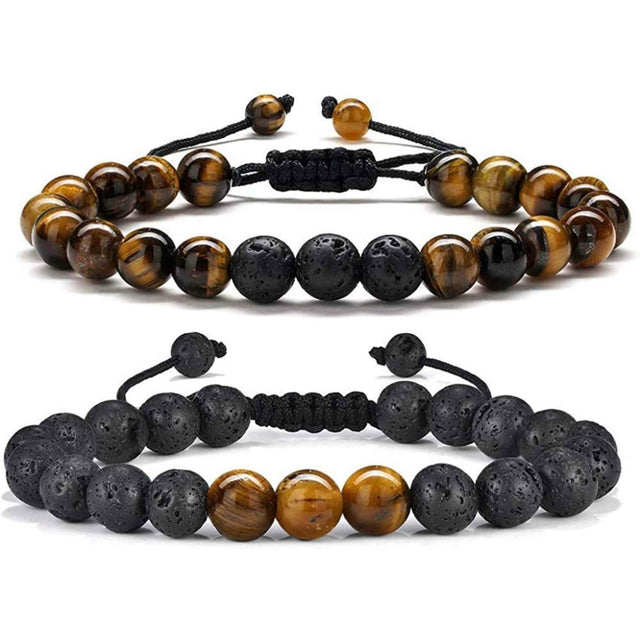 Set 2 bratari reglabile din piatra naturala ochi de tigru si piatra de lava neagra 8mm - Bratara vindecatoare, aromaterapie, difuzor de uleiuri esentiale
