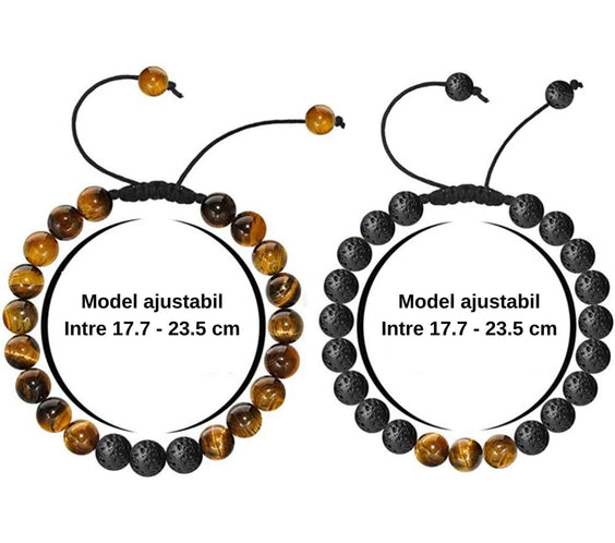 Set 2 bratari reglabile din piatra naturala ochi de tigru si piatra de lava neagra 8mm - Bratara vindecatoare, aromaterapie, difuzor de uleiuri esentiale