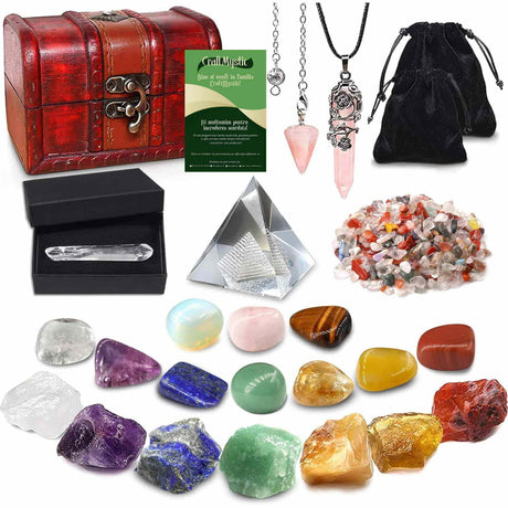Set de 23 Piese cu Cristale Vindecatoare: 7 Pietre pentru Cele 7 Chakre, 10 Pietre polisate, Colier cu Cristal Roz, Pendul, Piramida si Cuart Alb, 50g Pietre Asortate si Cutie din Lemn