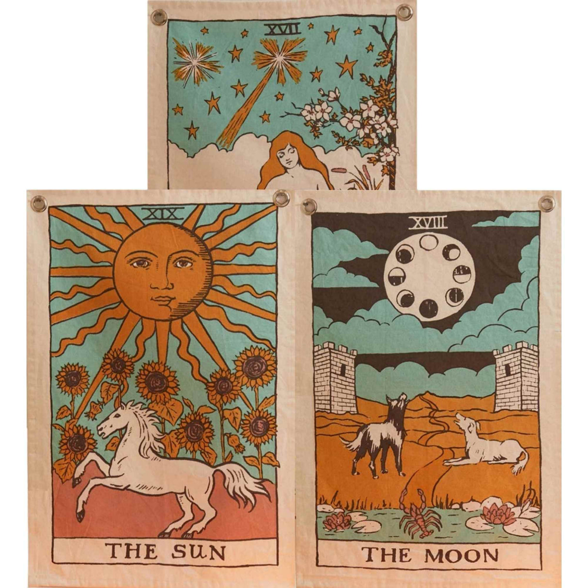 Set 3 Tapiserii cu semne spirituale, soare, luna, stea, – Pentru yoga, meditatie, decorarea camerei