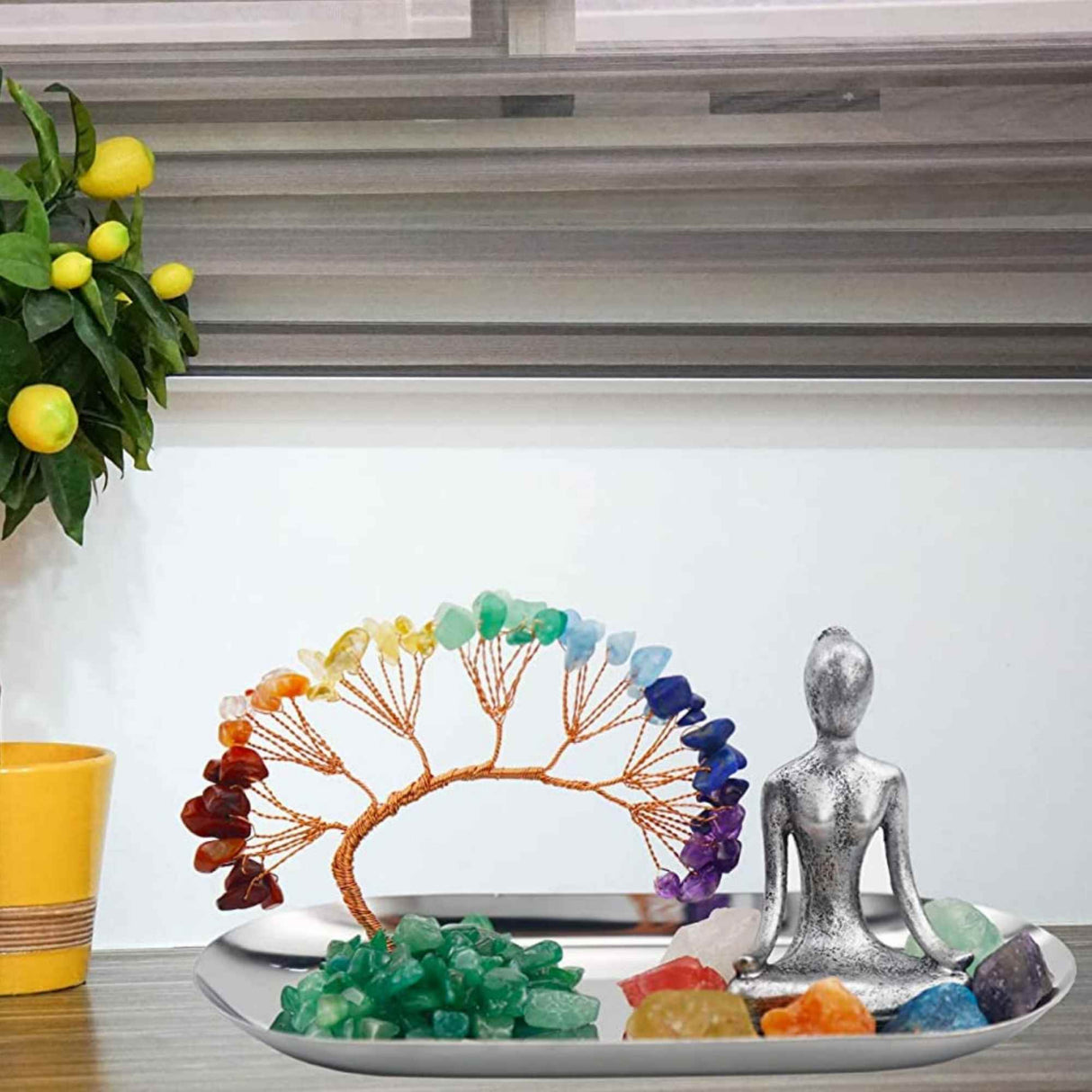 Set accesorii pentru meditatie spirituala cu 7 pietre semipretioase chakra, figurina yoga si bratara - Decor Feng Shui, ideal pentru o stare de liniste si relaxare