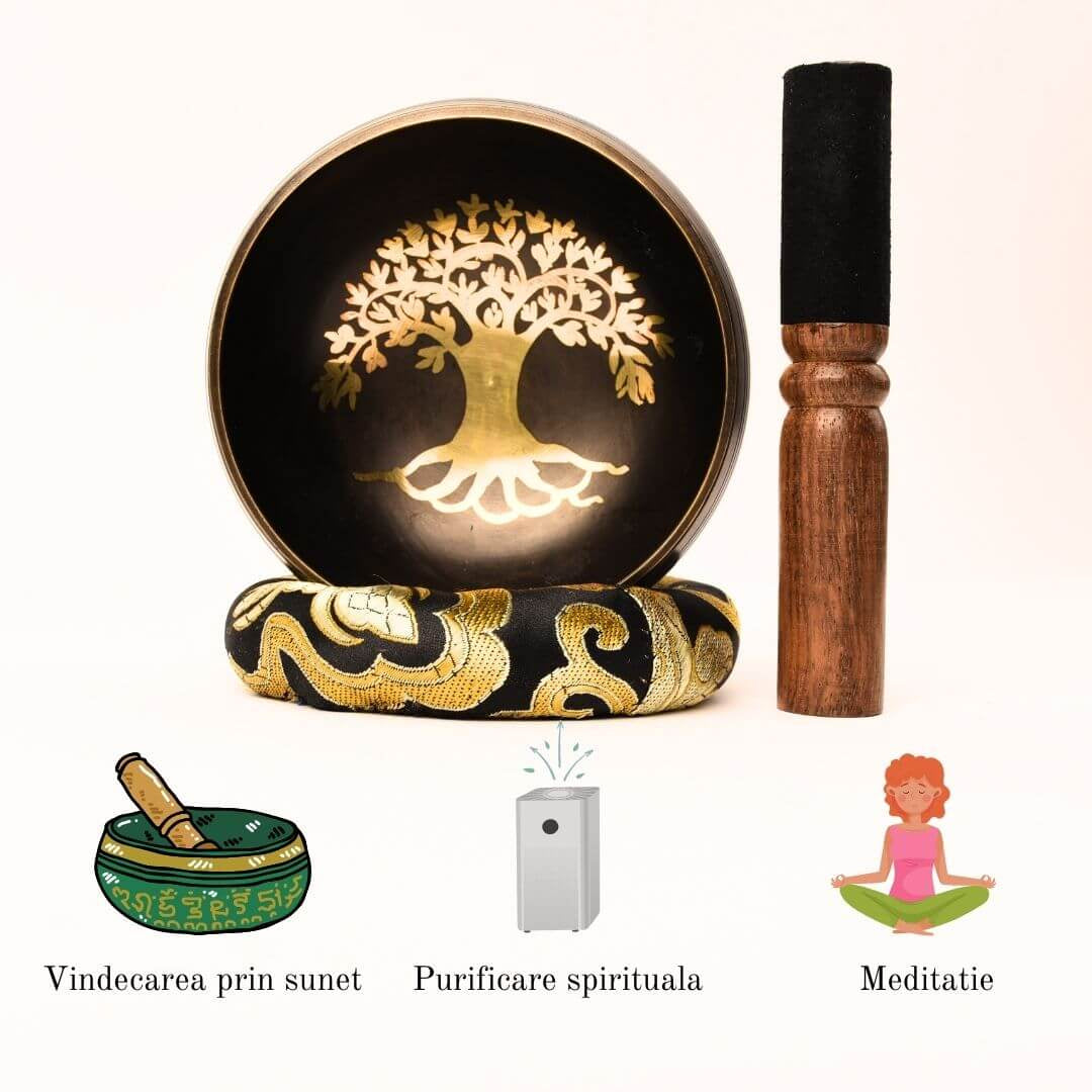 Bol Tibetan Cantator 9.5 cm model arborele vietii Setul complet pentru meditatie si vindecare Relaxare profunda si echilibru energetic