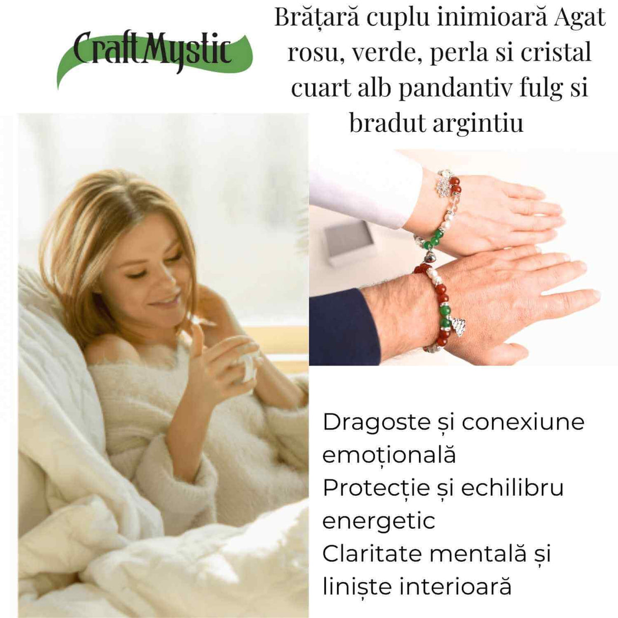 Set bratari cuplu naturale cu Agat, perla si cristal - iubire si echilibru