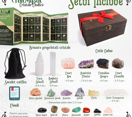Set Cristale premium si pietre semipretioase vindecatoare in cutie de lemn maro - Contine 19 piese - turn selenit, pietre chakre, cristale brute, cluster de ametist, varf de cristal transparent, cuart