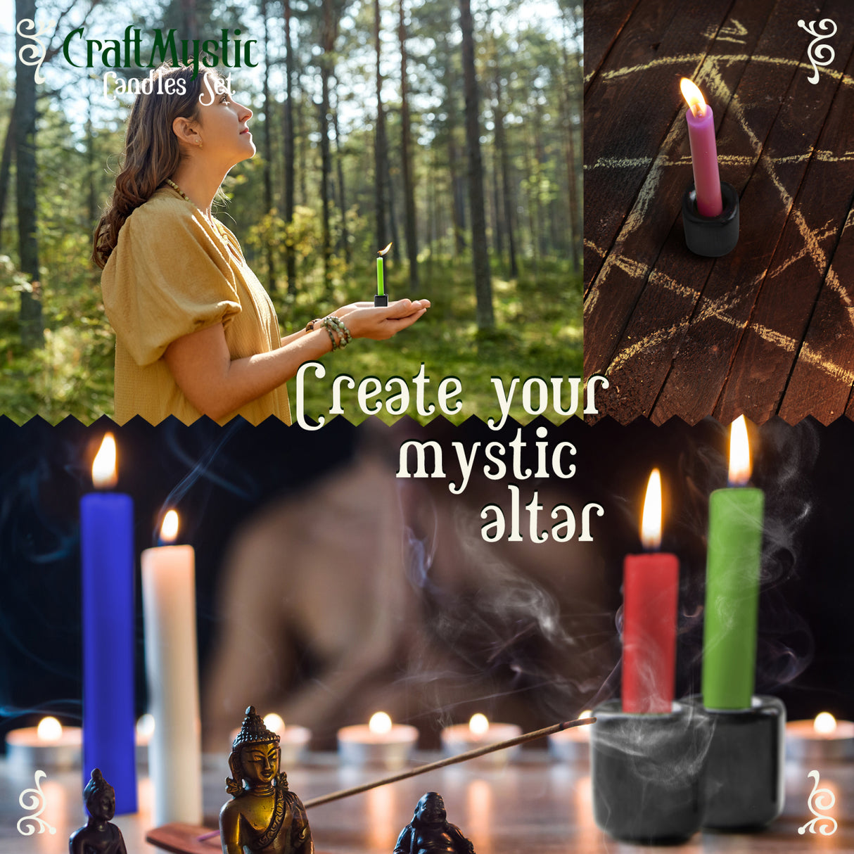 Set 36 lumanari pentru ritualuri și 6 suporturi negre din ceramica