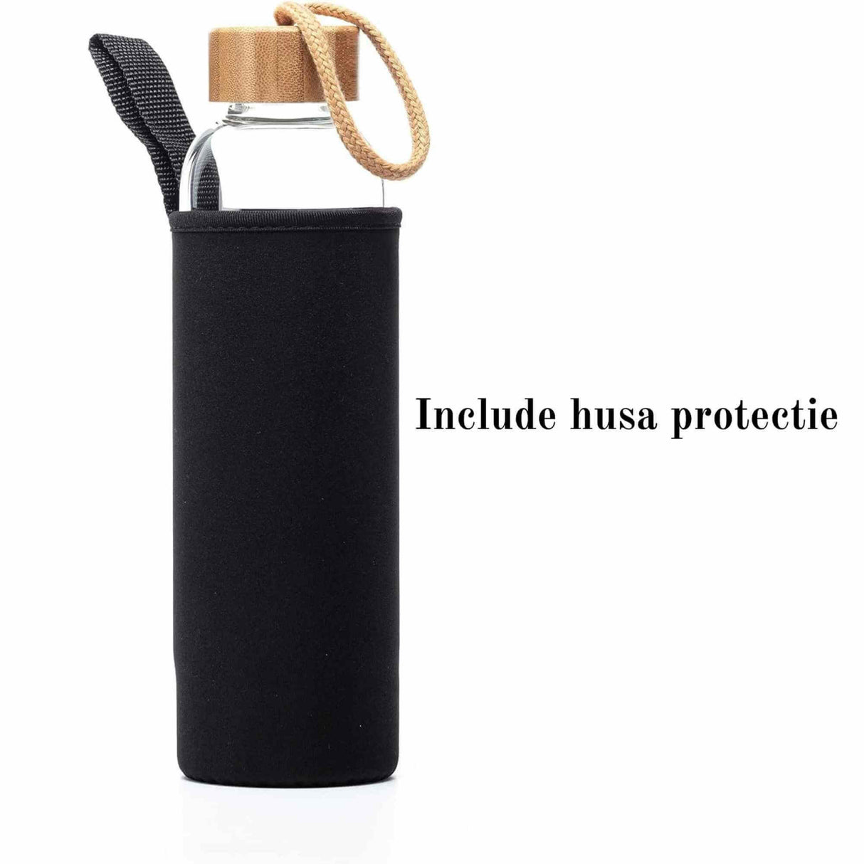 Sticla pentru apa cu varf cristal Ametist si Bambus - Capacitate 500 ml si include husa de protectie neagra