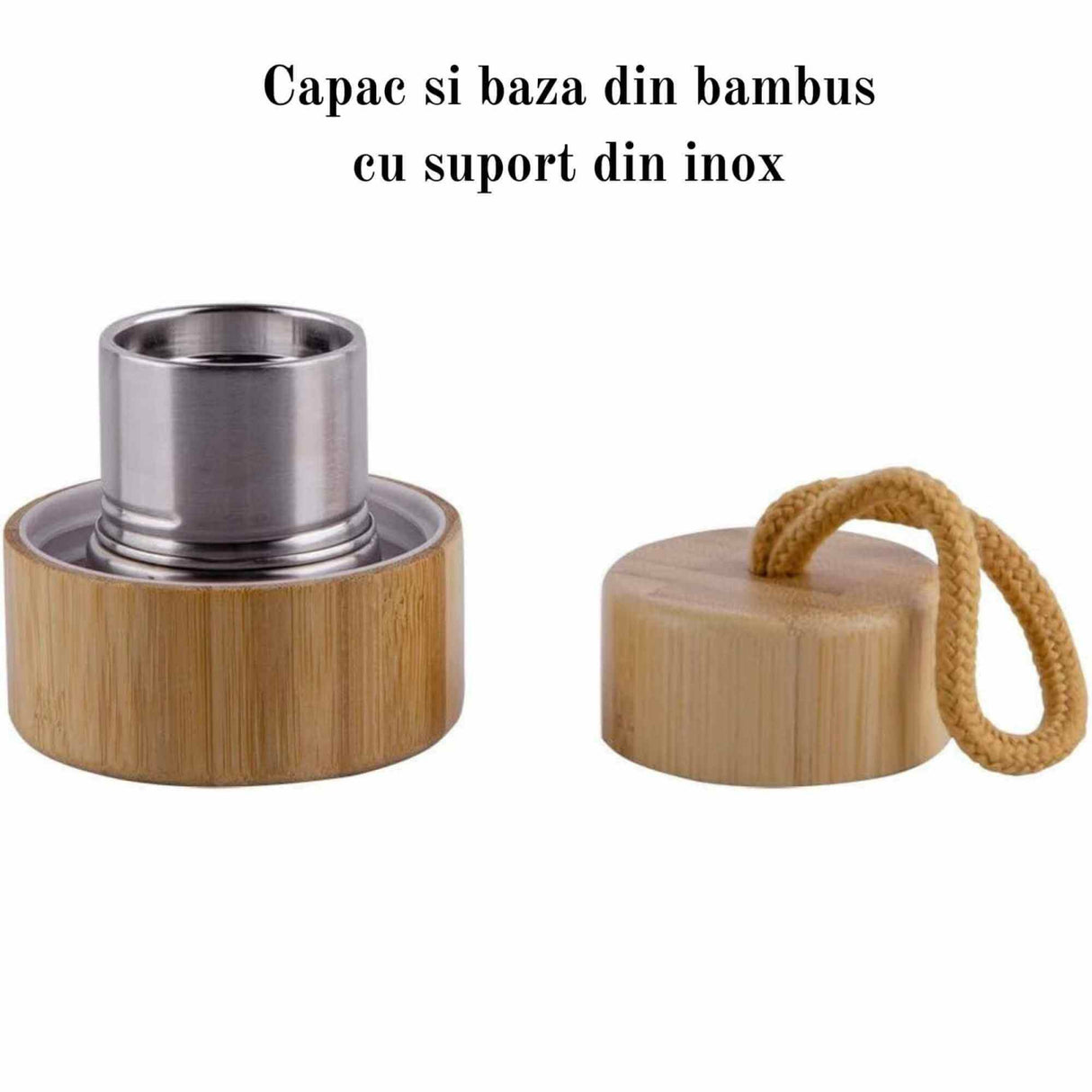 Sticla pentru apa cu varf cristal Ametist si Bambus - Capacitate 500 ml si include husa de protectie neagra