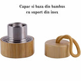 Sticla pentru apa cu varf cristal Ametist si Bambus - Capacitate 500 ml si include husa de protectie neagra