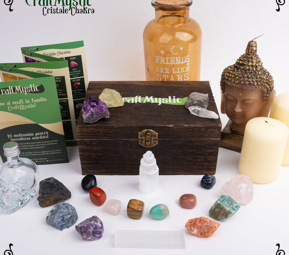 Set Cristale premium si pietre semipretioase vindecatoare in cutie de lemn maro - Contine 19 piese - turn selenit, pietre chakre, cristale brute, cluster de ametist, varf de cristal transparent, cuart