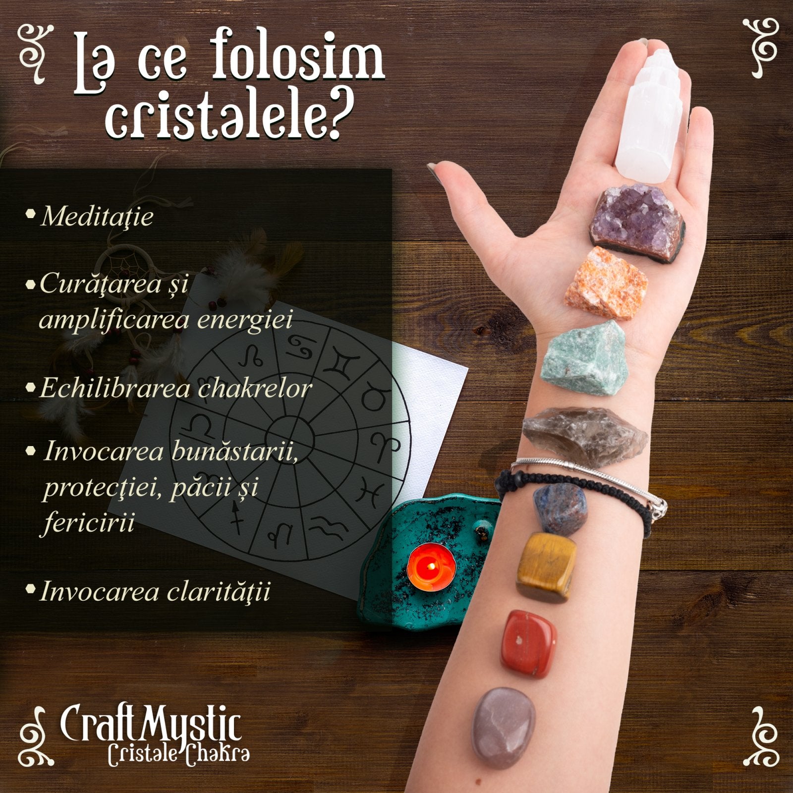 Set Cristale premium si pietre semipretioase vindecatoare in cutie de lemn maro - Contine 19 piese - turn selenit, pietre chakre, cristale brute, cluster de ametist, varf de cristal transparent, cuart