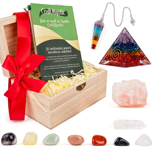 Set premium cu cristale, pietre naturale si piramida orgonica in cutie de lemn - 11 piese pentru meditatie, spiritualitate, echilibrarea chakrelor – Piramida orgonica chakra , pendul chakra, cuart roz