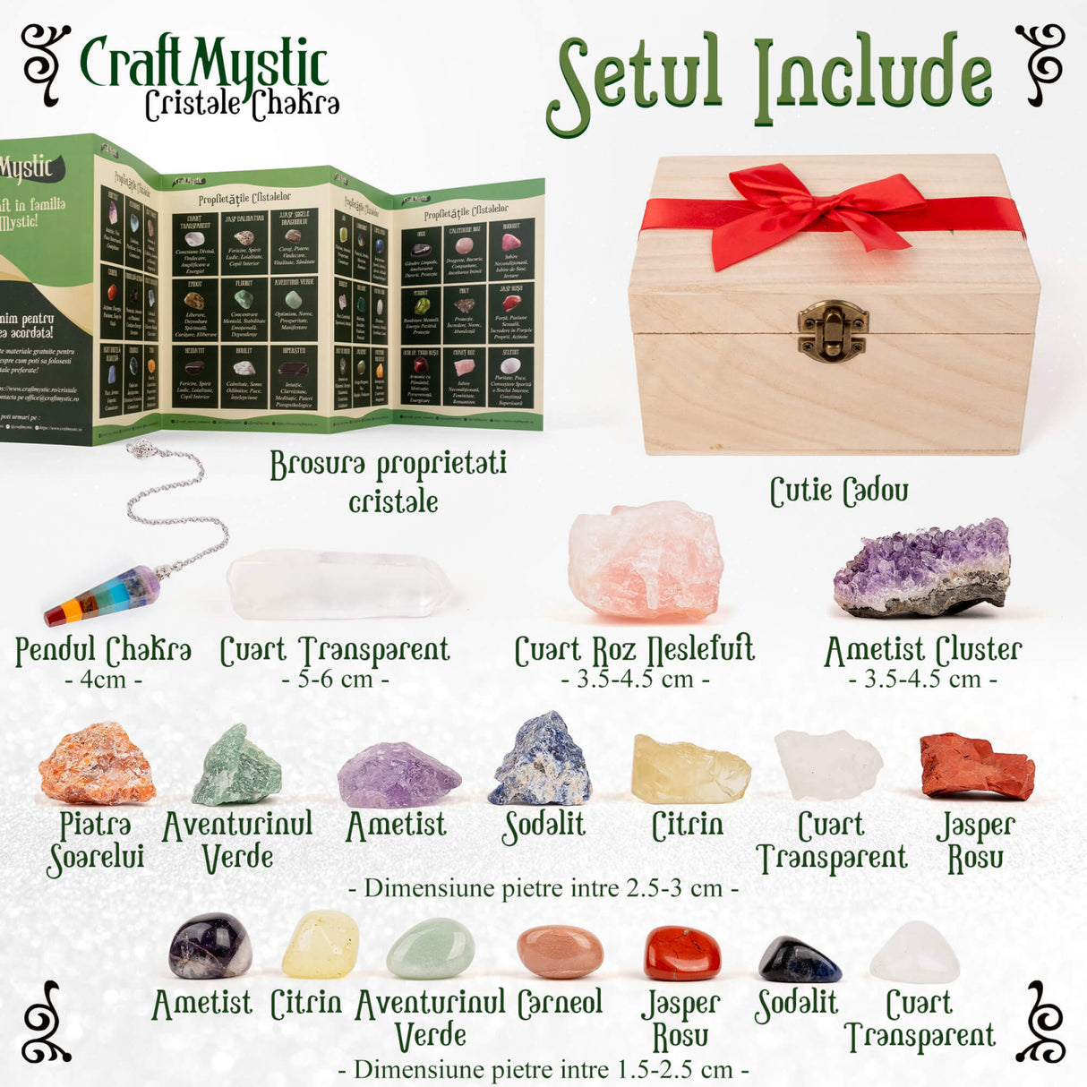 Set premium 18 piese cristale si pietre naturale vindecatoare chakra in cutie de lemn - Ideal pentru meditatie, spiritualitate, echilibrarea chakrelor – Include pendul chakra, ametist, cuart roz nesle